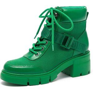 Women's Green Combat Boots Chunky Lug Sole Ankle Boots Lace Up Buckle Casual